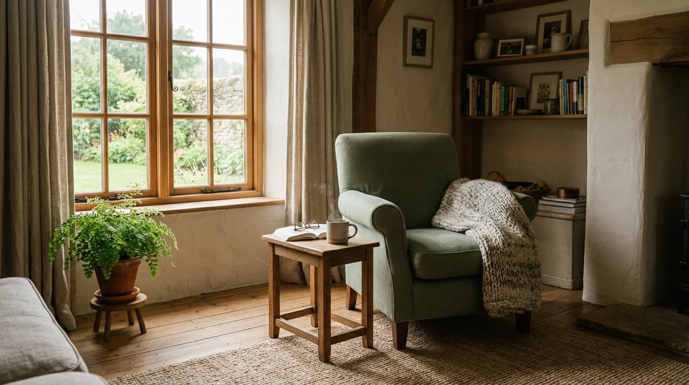 Ruhiges Wohnzimmer mit Sessel am Fenster, Wolldecke und einer Tasse Tee auf dem Beistelltisch